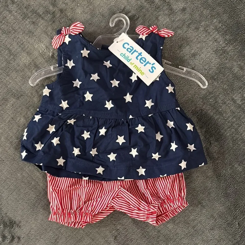 Carter's Blue Star Top and Red Striped Shorts
